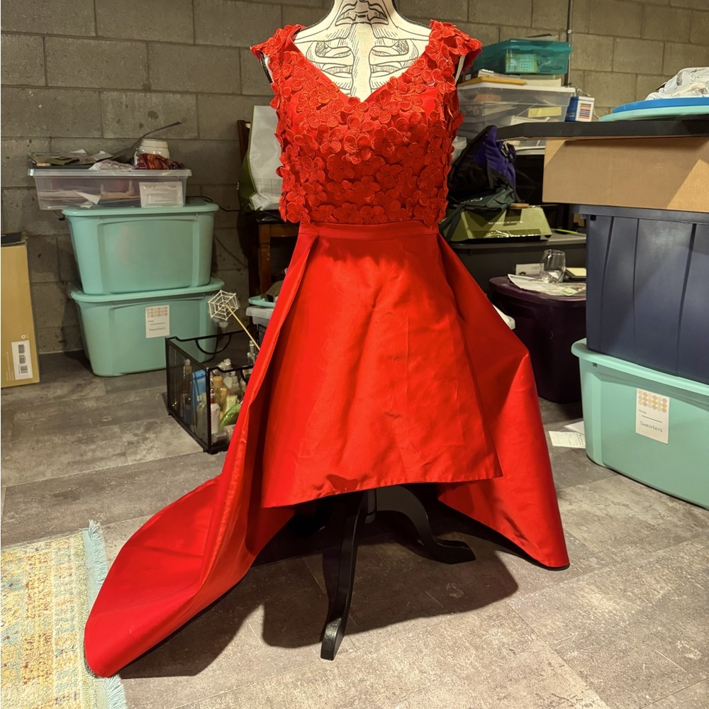 Custom two piece formal gown. Flower appliqué crop top with hi-lo skirt.